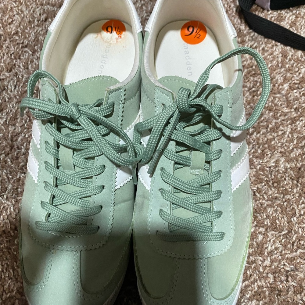 Green Sneakers with White Stripes